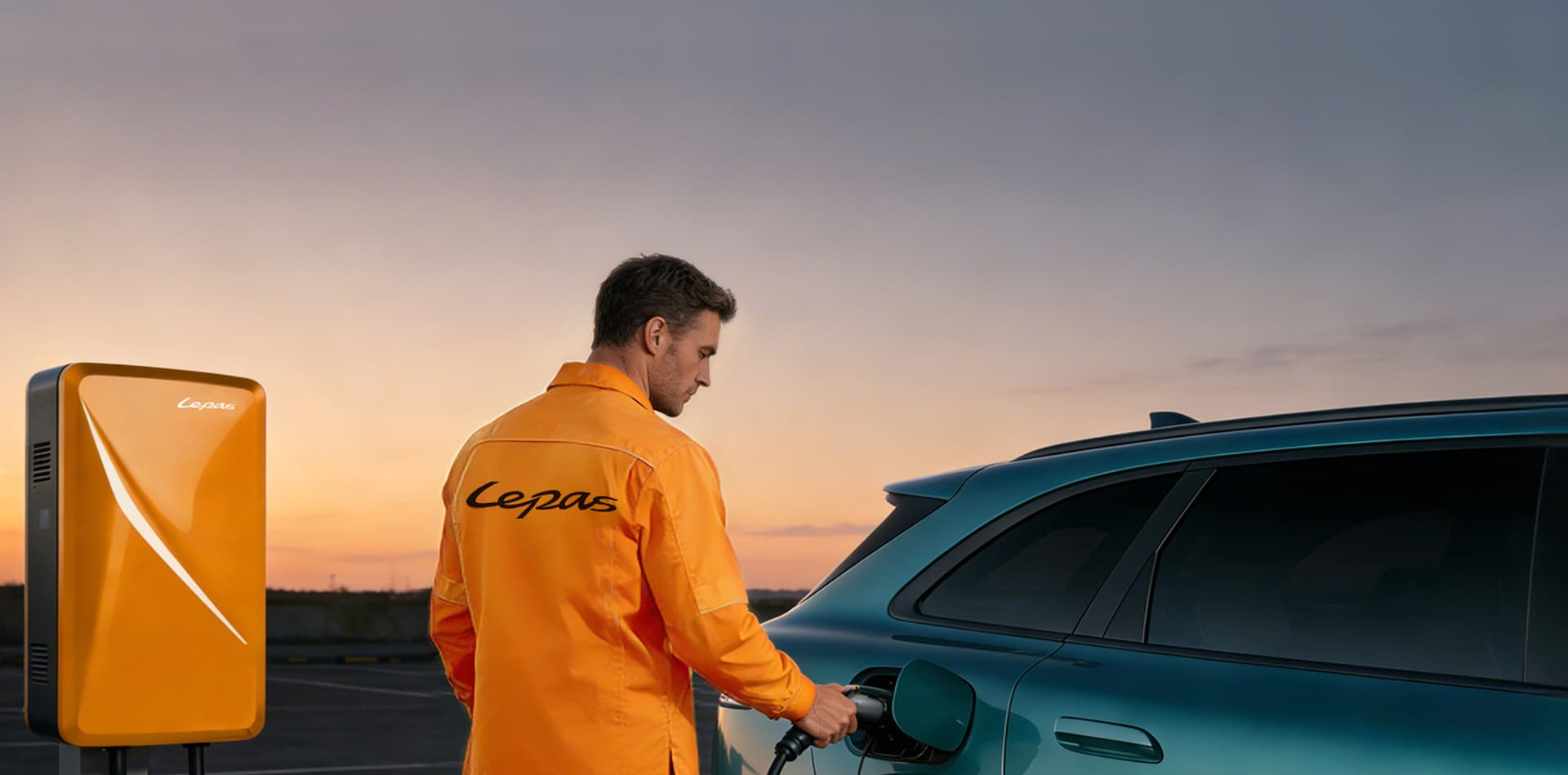 LEPAS technician charging a teal vehicle at sunset