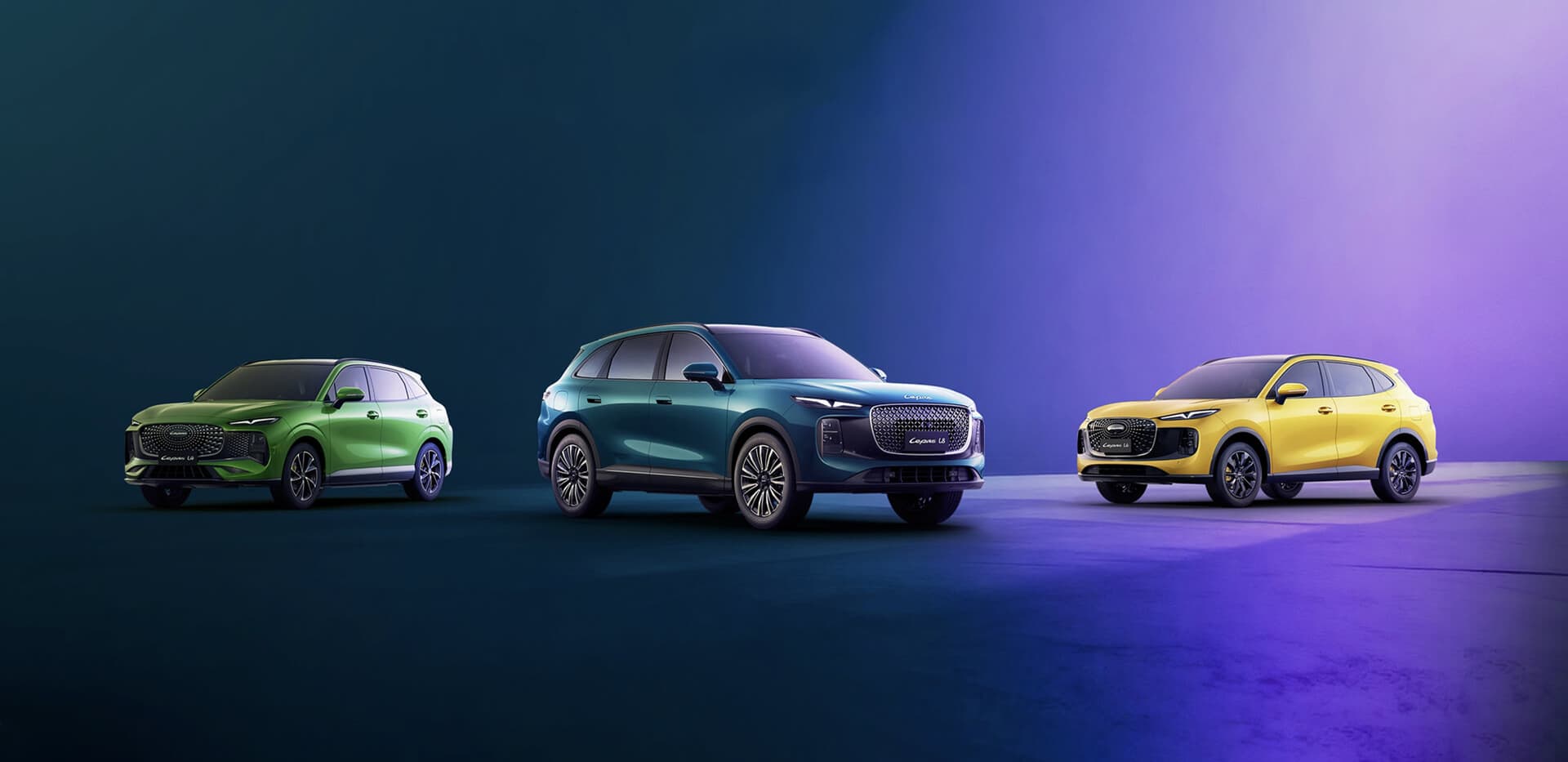 Green, blue, and yellow LEPAS SUVs in a studio