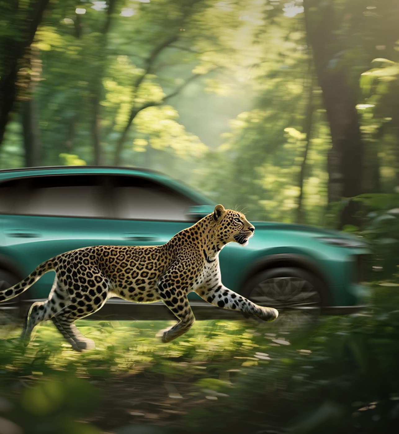LEPAS SUV moving through a forest beside a running leopard
